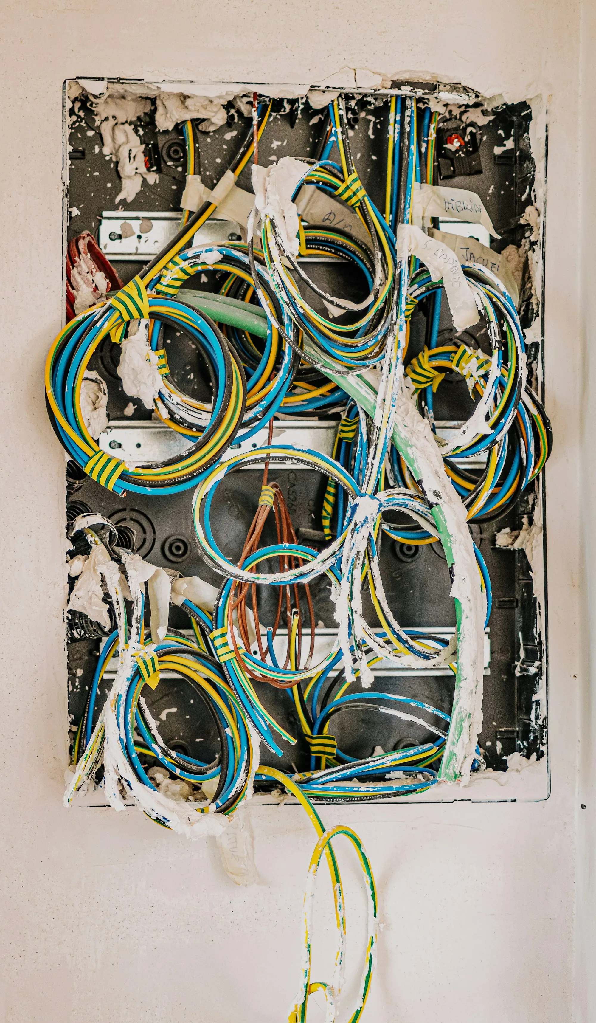 Tangle of coated wires inside an open electrical box, the kind of wiring reviewed when solar is reset on a Posen home